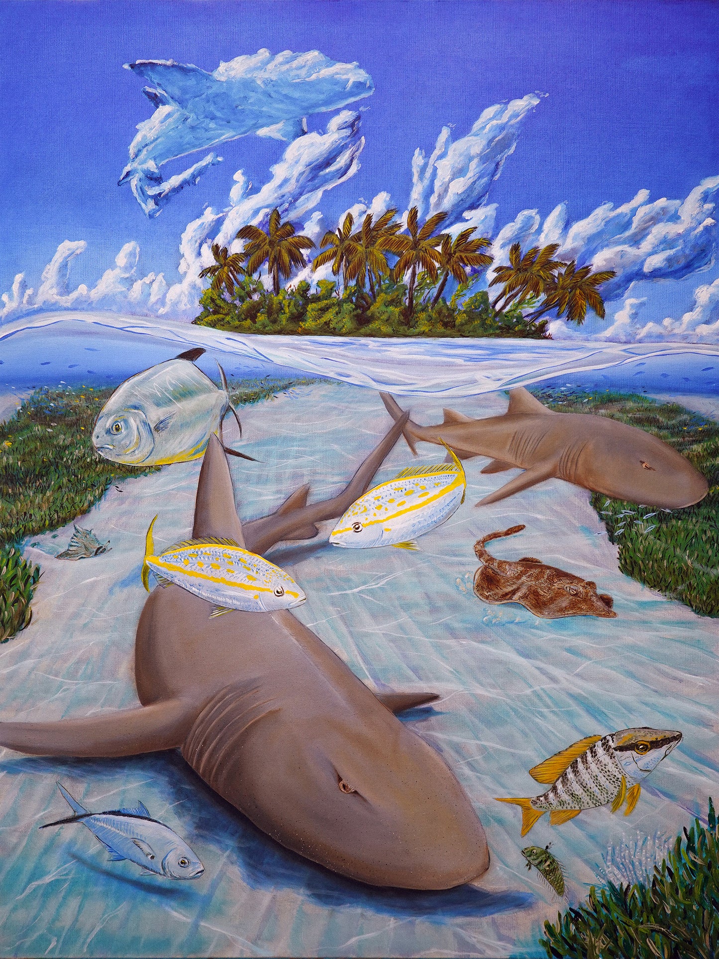 Painting of a nurse sharks on a beach with fish and a clouds in the background
