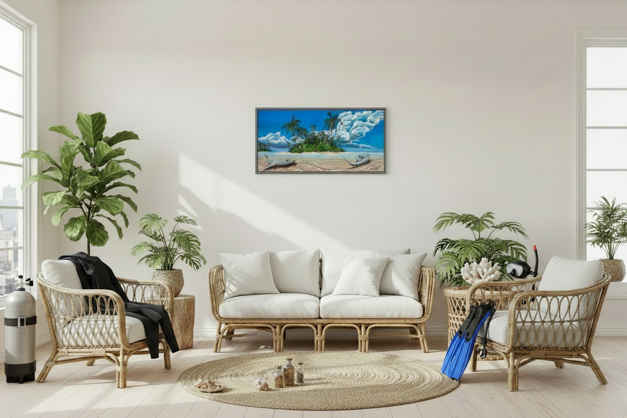 A framed tropical beach art print hangs on a beige wall above a white sofa in a styled living room with rattan chairs, potted plants, and a round woven rug.