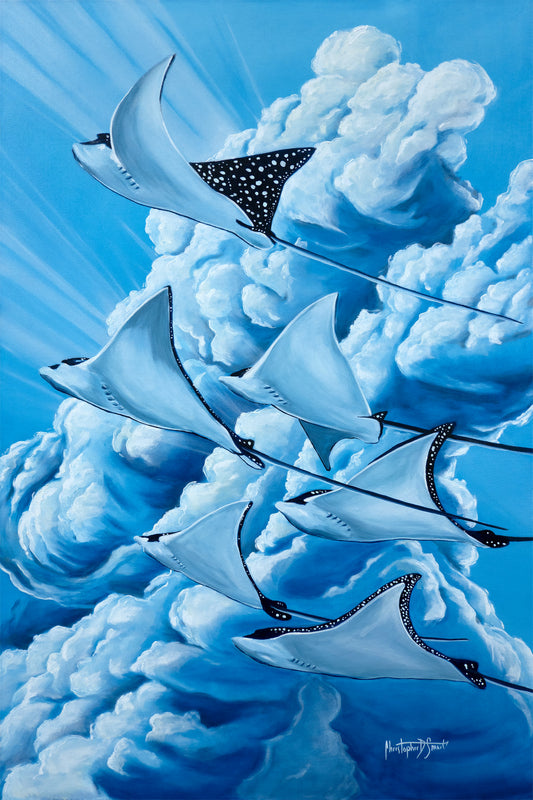 A colorful painting of a school of manta rays flying through bright blue clouds with sun rays shining from above.