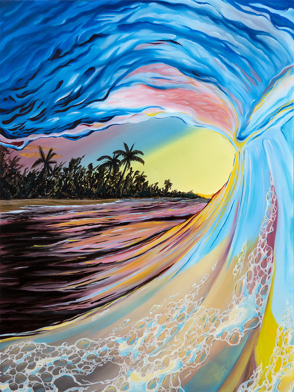 Colorful abstract painting of a wave with a sunset and palm trees in the background.
