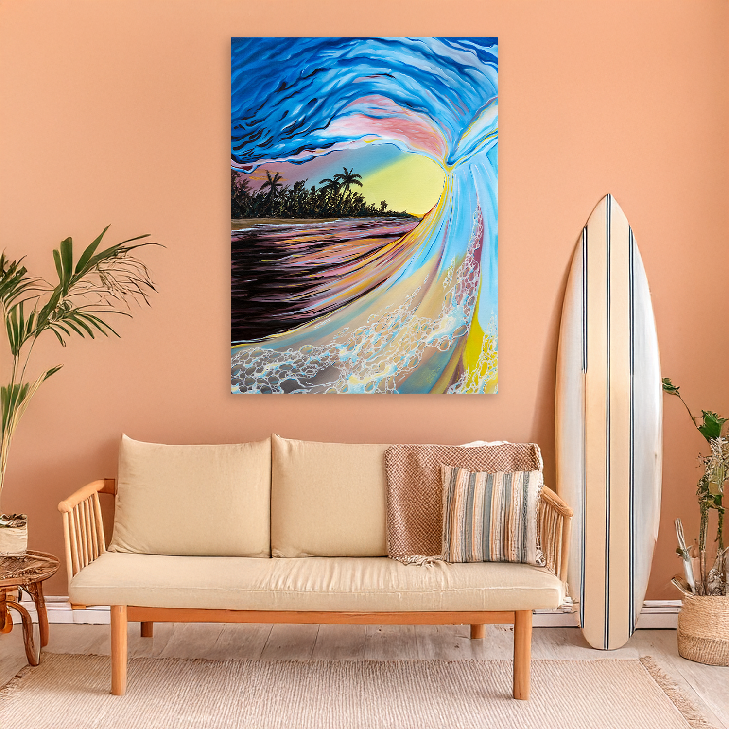 Living room with a couch, surfboard, and colorful wave painting on an orange wall.