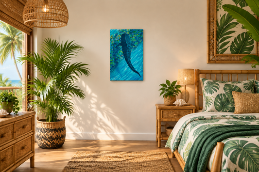 A tropical-themed bedroom featuring a vertical canvas print of a tiger shark underwater as the main wall art, styled with palm plants, rattan furniture, and green leaf-patterned bedding.